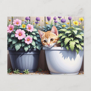 Cartão Postal Gatinho Adorável a sair de Potes Flores
