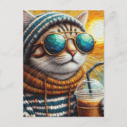 Cartão Postal Gatinho Adorável com Café Forçado