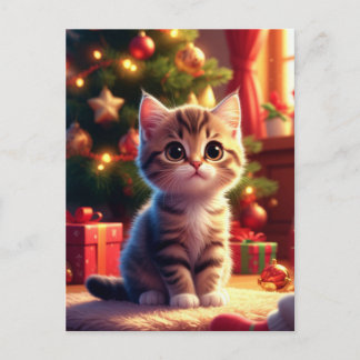 Cartão Postal Gatinho Adorável Perto de Árvore de Natal Decorada