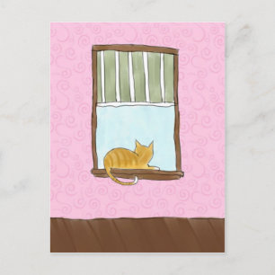 Cartão Postal Gatinho amarelo em um cartão-postal da janela