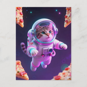 Cartão Postal Gatinho Astronauta Fofo Flutuando Pizza Aventura E