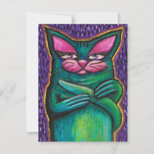 Cartão Postal Gatinho Azul Turquesa em Pastel a Óleo sobre Fundo