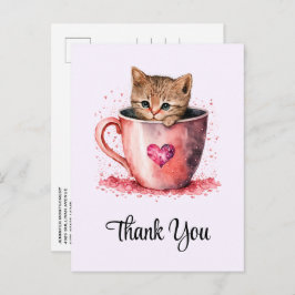 Cartão Postal Gatinho bonitinho num Teacup com Corações Obrigado