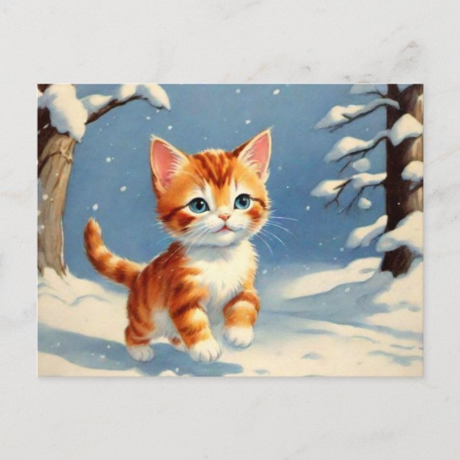 Cartão Postal Gatinho Bonito de Estilo Retroativo na Neve (Frente)