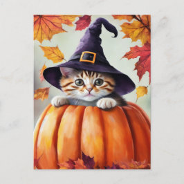 Cartão Postal Gatinho Bonito Na Pumpkin Vestindo Chapéu De Bruxa