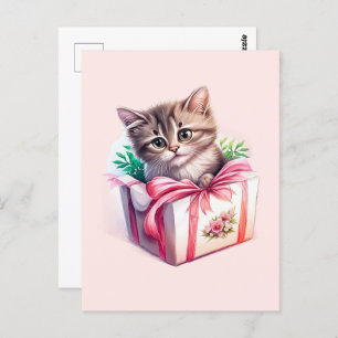 Cartão Postal Gatinho Bonito num Presente de Aniversário de Caix