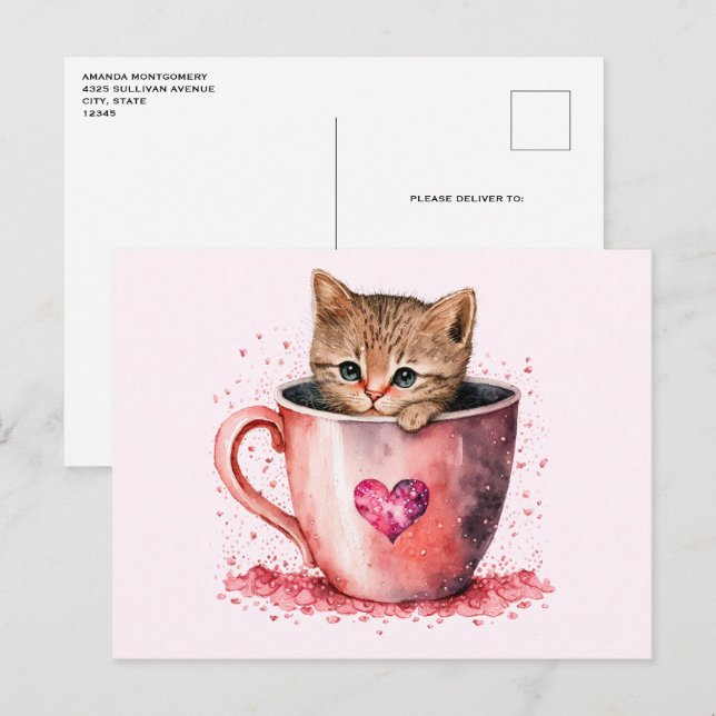 Cartão Postal Gatinho Bonito num Teacup com Corações (Frente/Verso)