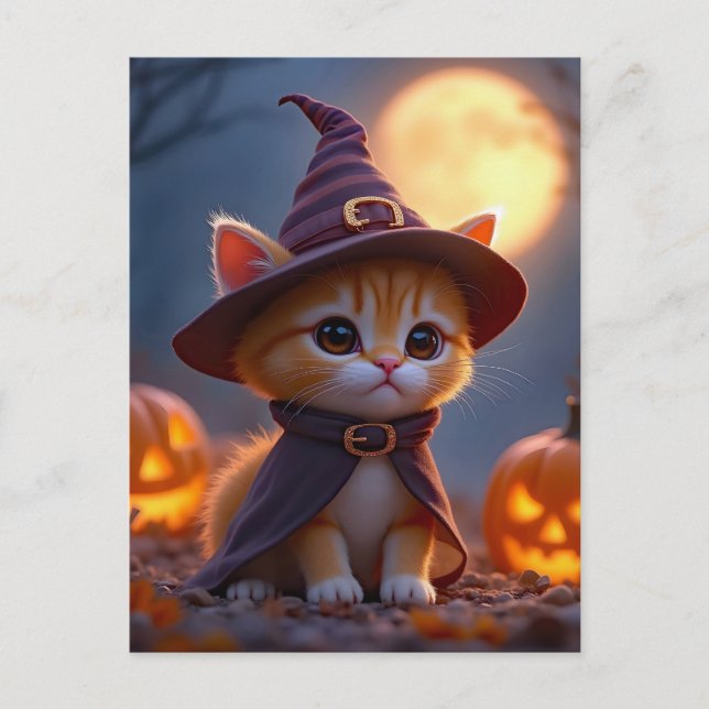 Cartão Postal Gatinho bonito numa fantasia de bruxa, Halloween (Frente)