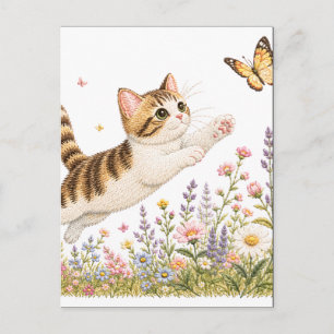Cartão Postal Gatinho Bordado Perseguindo Borboleta em Flor Silv