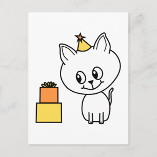 Cartão Postal Gatinho branco doce Vestindo um chapéu de aniversá