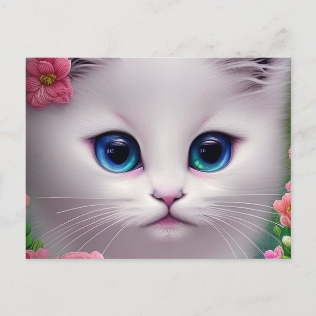 Cartão Postal Gatinho Branco e Bonito Chibi (Frente)