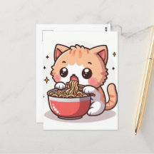 Gatinho Branco e Laranja Comendo Ramen
