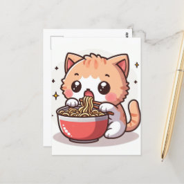 Cartão Postal Gatinho Branco e Laranja Comendo Ramen