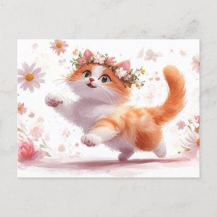 Cartão Postal Gatinho Brincalhão com Coroa de Flores de Margarid