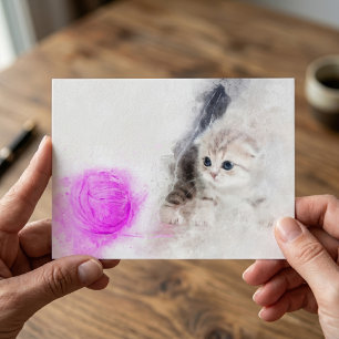 Cartão Postal Gatinho brincando com uma bola de fio rosa aquarel