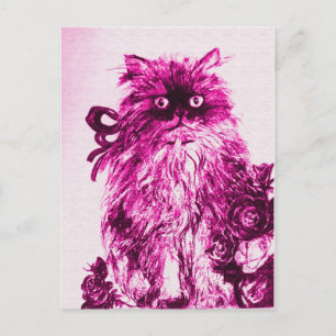Cartão Postal GATINHO COM ROSAS, Rosa Fúcsia Branco