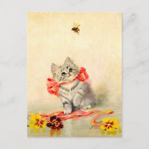 Cartão Postal Gatinho com uma Fita Vermelha