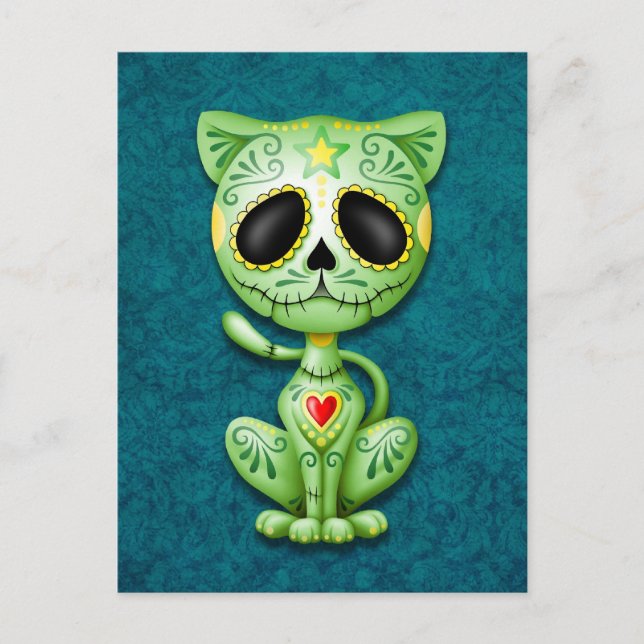 Cartão Postal Gatinho de Açúcar Zombie Verde (Frente)