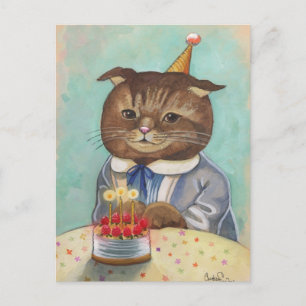 Cartão Postal Gatinho de aniversário do Bolo de Morango