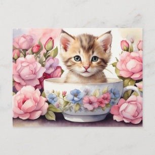 Cartão Postal Gatinho de Aquarela Cólvora em Teacup Floral