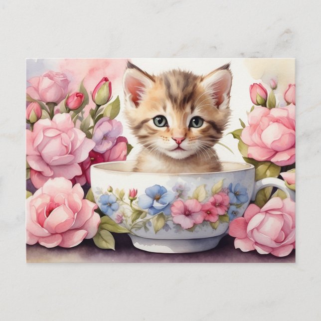 Cartão Postal Gatinho de Aquarela Cólvora em Teacup Floral (Frente)