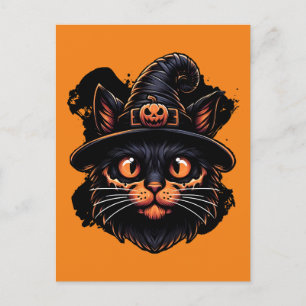 Cartão Postal Gatinho de Chapéu de Bruxa Spooky
