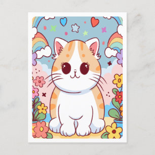 Cartão Postal Gatinho de desenho animado fofo, flores, arco-íris