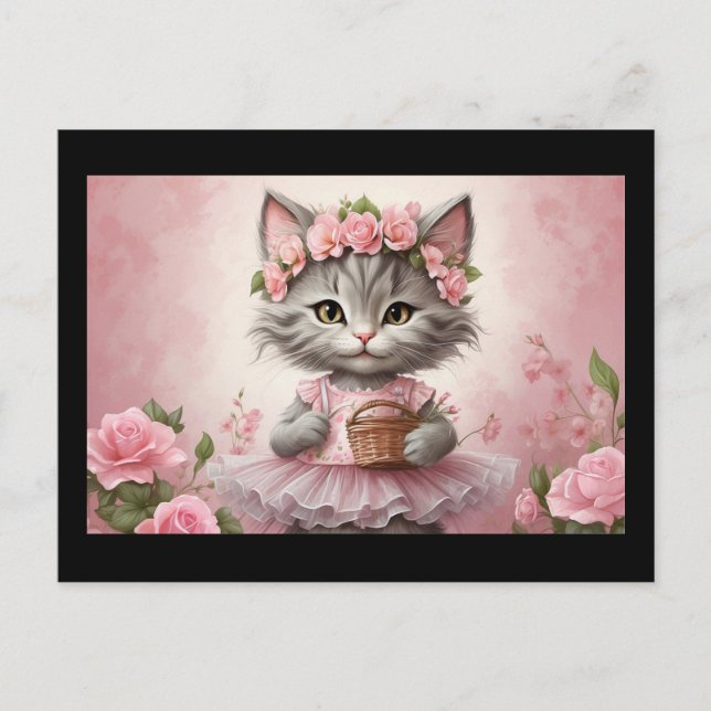Cartão Postal Gatinho de Flores Rosa em Vestido (Frente)