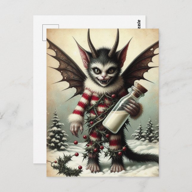 Cartão Postal Gatinho De Krampus Natal Com Garrafa De Leite (Frente/Verso)