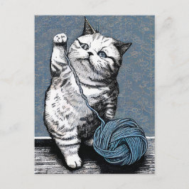 Cartão Postal Gatinho de Linóleo Brincando com um Novelo de Linh