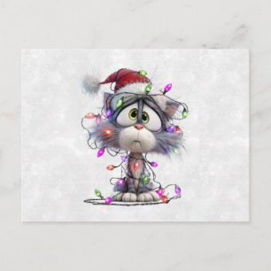 Cartão Postal Gatinho de Natal emaranhado em Luzes