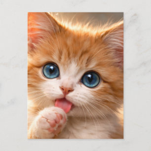 Cartão Postal Gatinho de Olhos Azuis Lambendo a Pata
