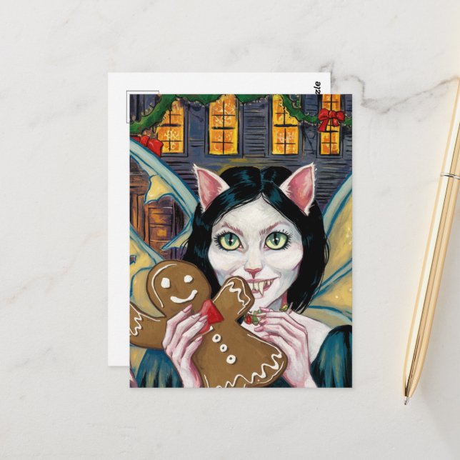 Cartão Postal Gatinho De Vampiro De Natal Com Biscoito De Ginger (Frente/Verso In Situ)