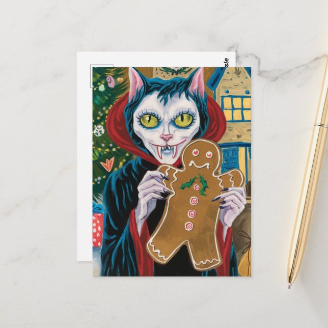 Cartão Postal Gatinho De Vampiro De Natal Com Homem De Gingerpão (Frente/Verso In Situ)