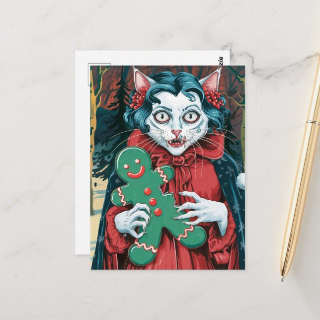 Cartão Postal Gatinho De Vampiro De Natal Com Pão Verde (Frente/Verso In Situ)