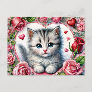 Cartão Postal Gatinho do Dia dos Namorados com Rosas Vermelhas