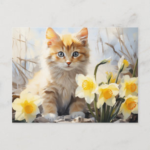 Cartão Postal Gatinho em Aquarela e Narcisos 