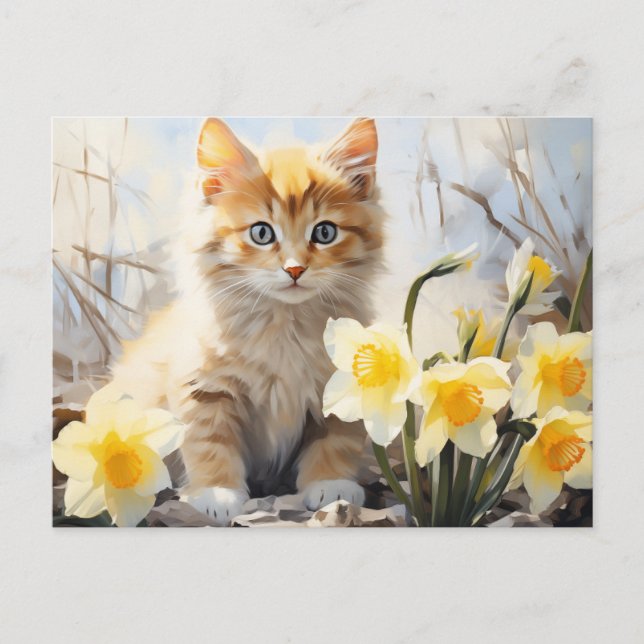 Cartão Postal Gatinho em Aquarela e Narcisos  (Frente)