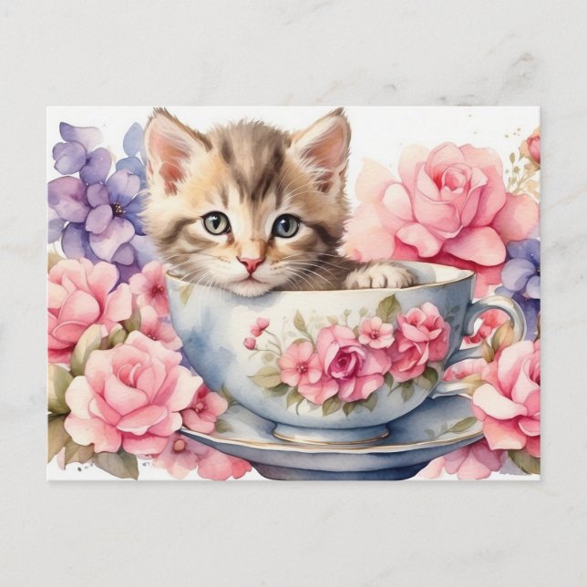 Cartão Postal Gatinho em aquarela em xícara de chá com flores  (Frente)