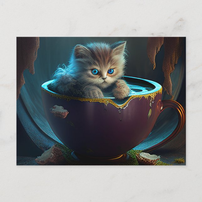 Cartão Postal Gatinho em um teacup de marrom - Cartão-postal Cat (Frente)