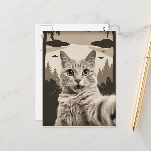 Cartão Postal Gatinho engraçado sépia e OVNIs (Frente/Verso In Situ)