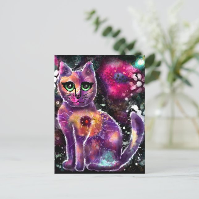 Cartão Postal Gatinho Floral Abstrato de Whimsso Gato Preto Rosa (Em pé/Frente)