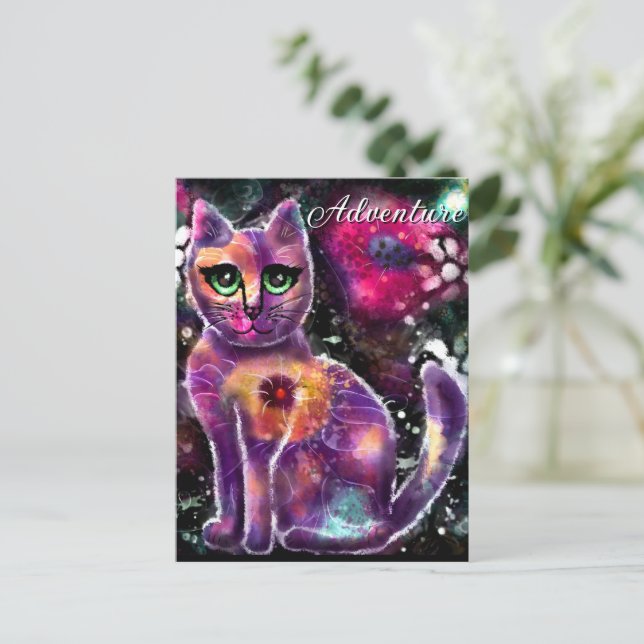 Cartão Postal Gatinho Floral Abstrato de Whimsso Gato Preto Rosa (Em pé/Frente)