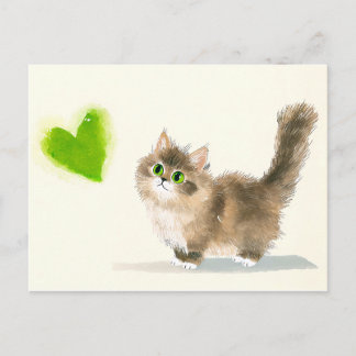 Cartão Postal Gatinho Fofo com Coração Verde – Design Minimalist