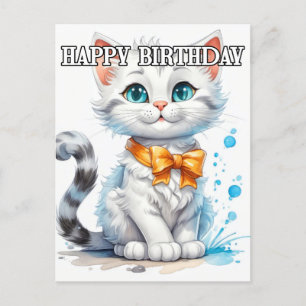Cartão Postal Gatinho Fofo de Aniversário Feliz