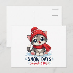 Cartão Postal Gatinho Fofo de Inverno Dias de Neve