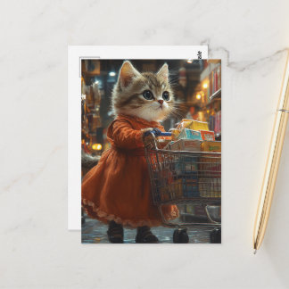 Cartão Postal Gatinho Fofo Fazendo Compras de Mercado