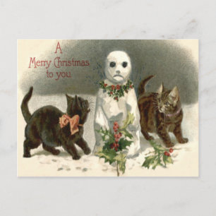 Cartão Postal Gatinho Gato Curioso Boneco de Neve Coroa de Azevi