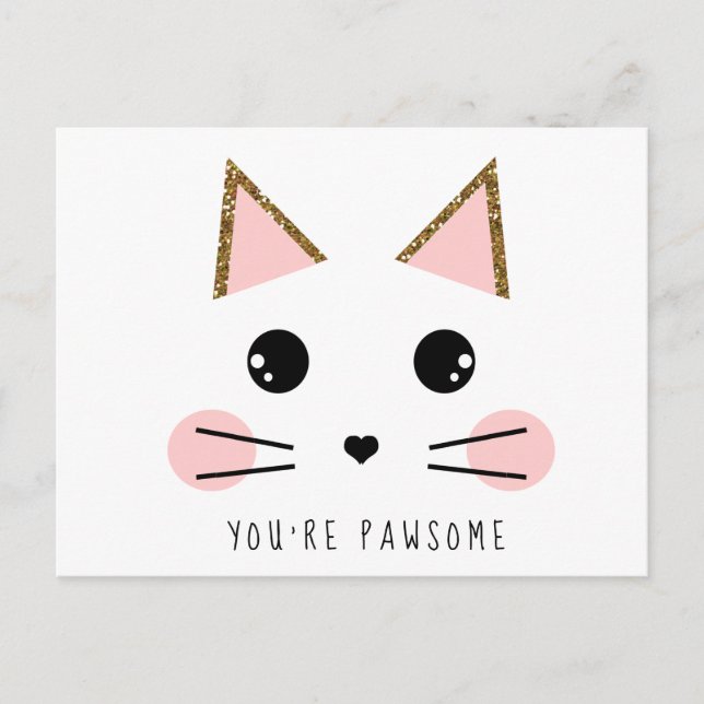 Cartão Postal Gatinho Gato Glitter Dourado (Frente)