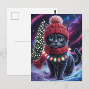 Cartão Postal Gatinho Gato Preto Fofo Natal Férias de Inverno